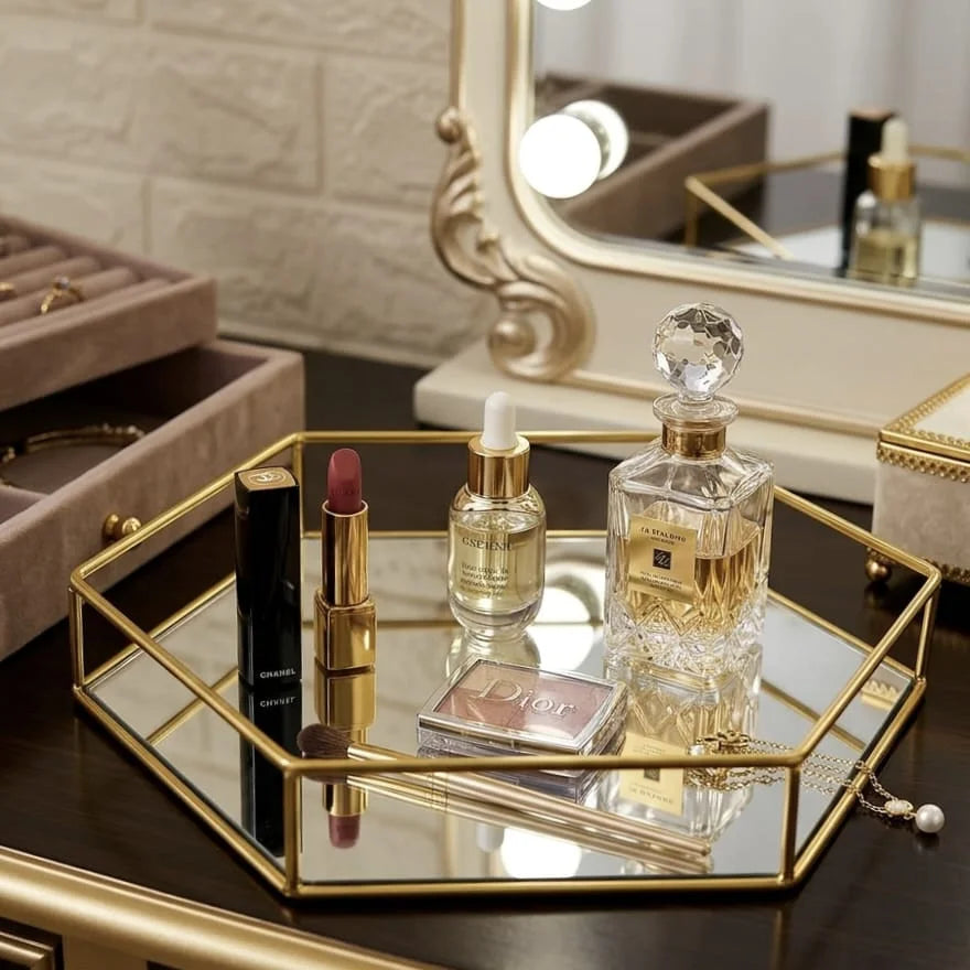 Hexagonal Cosmetics Mirror Base Vanity Tray.